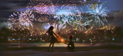 Rule 34 | 1boy, 1girl, alzi xiaomi, barefoot, blurry, blurry background, bokeh, brown hair, building, chinese commentary, city lights, cityscape, closed mouth, cloud, cloudy sky, contrapposto, depth of field, dress, fireworks, full moon, highres, holding, holding sparkler, lake, long hair, looking at another, moon, night, open mouth, original, outdoors, outstretched arm, palm tree, reflection, reflective water, scenery, short hair, short sleeves, shorts, sky, sleeveless, sleeveless dress, smile, sparkler, squatting, standing, tree, wide shot