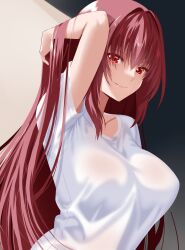 Rule 34 | 1girl, arm up, breasts, collarbone, engo (aquawatery), fate/grand order, fate (series), hair intakes, hand in own hair, large breasts, long hair, looking at viewer, purple hair, red eyes, scathach (fate), shirt, short sleeves, simple background, smile, solo, t-shirt, white shirt