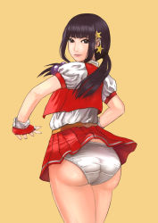 Rule 34 | 1girl, amibazh, asamiya athena, ass, black eyes, black hair, fingerless gloves, from behind, gloves, hair ornament, huge ass, long hair, looking at viewer, low twintails, panties, simple background, skirt, smile, snk, solo, the king of fighters, the king of fighters &#039;97, twintails, underwear, upskirt, yellow background