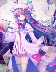 Rule 34 | 1girl, bad id, bad twitter id, blue bow, blue ribbon, blush, book, bow, capelet, cowboy shot, crescent, dress, flying paper, frilled dress, frilled sleeves, frills, hair bow, hat, hat ribbon, holding, holding book, koto seori, long hair, long sleeves, looking at viewer, mob cap, pajamas, paper, parted lips, patchouli knowledge, purple eyes, purple hair, red bow, red ribbon, ribbon, short dress, sidelocks, solo, striped clothes, striped dress, thighhighs, touhou, vertical-striped clothes, vertical-striped dress, very long hair, white thighhighs, wide sleeves