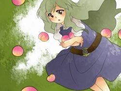 Rule 34 | 1girl, belt buckle, blonde hair, blue dress, buckle, carrying, dress, feet out of frame, food, fruit, hammer (sunset beach), holding, holding food, long hair, outdoors, peach, touhou, tree, very long hair, watatsuki no toyohime