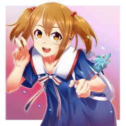 Rule 34 | 1girl, :d, augma, backpack, bag, blue dress, brown eyes, brown hair, collarbone, dress, hair between eyes, hair bobbles, hair ornament, highres, is ii, leaning forward, neck ribbon, open mouth, pina (sao), red eyes, ribbon, sailor collar, short hair, short sleeves, silica, smile, solo, striped ribbon, sword art online, twintails, white sailor collar