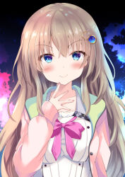 Rule 34 | &gt;:), 1girl, 9-nine-, blue eyes, blush, bow, breasts, closed mouth, collar, commentary request, double-parted bangs, eyelashes, eyes visible through hair, finger to own chin, fingernails, gear hair ornament, green collar, hair between eyes, hand up, highres, jacket, kujou miyako, large breasts, light brown hair, long hair, looking at viewer, night, pink bow, pink jacket, pink ribbon, purunyara, ribbon, school uniform, shirt, sidelocks, simple background, sleeves past wrists, smile, smug, solo, star (sky), straight-on, upper body, v-shaped eyebrows, very long hair, wavy hair, white shirt, wing hair ornament