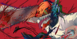 Rule 34 | 1boy, absurdres, blood, chainsaw, chainsaw man, denji (chainsaw man), highres, long tongue, monster, red background, sharp teeth, solo, teeth, tongue, tongue out, valentine (02140314c)