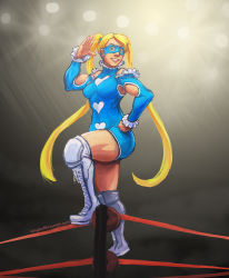 Rule 34 | 1girl, adapted costume, alternate costume, boots, gradient background, highres, jumpsuit, long hair, rainbow mika, redesign, shorts, smile, solo, street fighter, street fighter v, twintails, very long hair, wingbuffet, wrestling outfit, wrestling ring