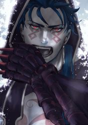 Rule 34 | 1boy, angry, betushio, blue hair, bodypaint, claws, cu chulainn (fate), cu chulainn (fate) (all), cu chulainn (fate/stay night), cu chulainn alter (fate), cu chulainn alter (fate/grand order), dark blue hair, dark persona, earrings, facepaint, fangs, fate/grand order, fate (series), hood, hood up, jewelry, lancer, long hair, male focus, open mouth, ponytail, red eyes, slit pupils, solo, spikes, tongue