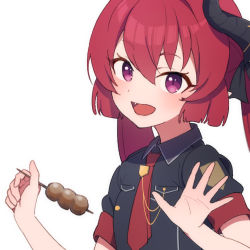 Rule 34 | 1girl, afnroll, black shirt, blue archive, dango, fang, food, hair between eyes, holding, holding food, horns, junko (blue archive), light blush, looking at viewer, necktie, open hand, open mouth, purple eyes, red hair, red necktie, shirt, short sleeves, simple background, smile, solo, upper body, wagashi, white background