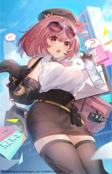 Rule 34 | 1girl, ?, absurdres, bottle, breasts, collared shirt, commentary request, covered navel, cowboy shot, eyewear on head, girls&#039; frontline, girls&#039; frontline neural cloud, gloves, hair ornament, hat, headset, highres, kita (kitairoha), large breasts, medium hair, open mouth, pencil skirt, pink eyes, pink hair, second-party source, shirt, skirt, sleeveless, sleeveless shirt, solo, speech bubble, spoken question mark, sunglasses, thighhighs, white shirt, willow (neural cloud), zettai ryouiki