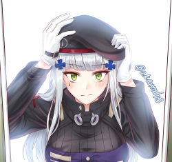 Rule 34 | 1girl, bad id, bad pixiv id, beret, blush, breasts, bright background, commentary request, facial mark, girls&#039; frontline, gloves, green eyes, hair ornament, hand on headwear, hands on headwear, hat, hk416 (girls&#039; frontline), large breasts, long hair, long sleeves, o.k.corral, silver hair, simple background, solo, teardrop, translation request, twitter username, upper body, white gloves