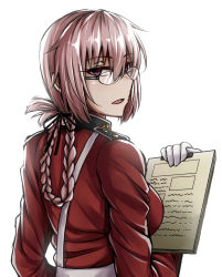 Rule 34 | 1girl, bad id, bad pixiv id, bespectacled, braid, commentary, fate/grand order, fate (series), florence nightingale (fate), from behind, glasses, gloves, hair between eyes, highres, long hair, looking at viewer, looking back, military, military uniform, notepad, parted lips, pink eyes, pink hair, sanmoto gorouzaemon, simple background, single braid, solo, uniform, upper body, white background, white gloves