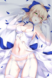 Rule 34 | 1girl, absurdres, ahoge, armpits, artoria pendragon (all), artoria pendragon (fate), bare shoulders, bed sheet, blonde hair, blue bow, blue choker, blush, bow, breasts, chinese commentary, choker, cleavage, collarbone, commentary, commission, cowboy shot, crying, crying with eyes open, devil heavens, dress, elbow gloves, fate/stay night, fate/unlimited blade works, fate (series), garter belt, gloves, green eyes, groin, hair between eyes, hair bow, hands up, highres, looking at viewer, lying, medium breasts, navel, official alternate costume, on back, open mouth, panties, panties over garter belt, pixiv commission, ponytail, saber (fate), short dress, sidelocks, skindentation, sleeveless, sleeveless dress, solo, stomach, sweat, tears, teeth, thighhighs, torn clothes, torn dress, underwear, upper teeth only, white dress, white gloves, white panties, white thighhighs