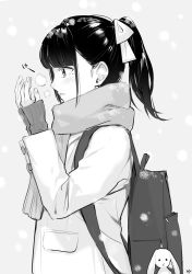 Rule 34 | 1girl, absurdres, backpack, bag, bag charm, blunt bangs, blush, bow, breathing on hands, charm (object), coat, fringe trim, grey background, greyscale, hair bow, hands up, highres, long sleeves, mole, mole under eye, monochrome, original, parted lips, ponytail, scarf, signature, simple background, sleeves past wrists, snowing, solo, stuffed animal, stuffed rabbit, stuffed toy, takenoko no you