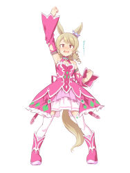 Rule 34 | @ @, alternate costume, animal ears, armpits, bare shoulders, blush, boots, choker, clenched hands, commentary request, cosplay, curly hair, detached sleeves, dress, frilled dress, frills, hair ornament, highres, horse ears, horse girl, horse tail, idolmaster, idolmaster cinderella girls, kawakami princess (umamusume), kawakami princess (umamusume) (cosplay), light brown hair, looking up, medium hair, morikubo nono, open mouth, pink dress, solo, sweatdrop, tail, thighhighs, translation request, uccow, umamusume, white background, white thighhighs