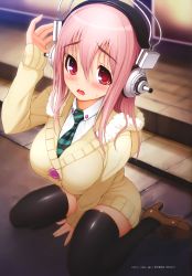 Rule 34 | 1girl, absurdres, blush, breasts, headphones, highres, large breasts, long hair, looking at viewer, necktie, nitroplus, open mouth, pink hair, red eyes, sitting, solo, super sonico, sweater, tsuji santa