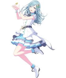 Rule 34 | 1girl, :d, belt, blue eyes, blue hair, blue skirt, from side, full body, hair ornament, highres, hinomori shizuku, layered skirt, light blue hair, looking at viewer, mole, mole under eye, non-web source, official art, open mouth, project sekai, short sleeves, skirt, smile, solo, tachi-e, transparent background, wavy hair, white footwear, white skirt, wrist cuffs