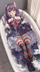 Rule 34 | 1girl, animal ear fluff, animal ears, arms behind back, bare shoulders, bathtub, bdsm, black hair, black thighhighs, blush, bondage, bound, bound ankles, bound arms, bound legs, cat ears, cat girl, crotch rope, detached sleeves, dress, from above, green eyes, haneru, highres, karyl (princess connect!), long hair, looking at viewer, low twintails, multicolored hair, no panties, no shoes, open mouth, partially submerged, princess connect!, pussy, red rope, restrained, rope, shibari, shibari over clothes, sleeveless, sleeveless dress, solo, streaked hair, thighhighs, twintails, water, wavy mouth, wet, wet clothes, white hair
