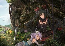 Rule 34 | 10s, 2girls, black hair, breasts, cleavage, day, closed eyes, female focus, forest, four goddesses online: cyber dimension neptune, hand on another&#039;s head, headpat, lance, lap pillow, large breasts, multiple girls, nature, neptune (neptunia), neptune (series), noire (neptunia), outdoors, polearm, purple hair, red eyes, short hair, sleeping, sword, weapon, white crow, yuri