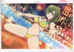Rule 34 | 1girl, absurdres, bare shoulders, bikini, bracelet, breasts, green eyes, grey hair, highres, jewelry, large breasts, long hair, looking at viewer, official art, outstretched arms, page number, scan, senran kagura, senran kagura new link, shiny skin, simple background, sitting, smile, solo, spread arms, swimsuit, thighs, wariza, yaegashi nan