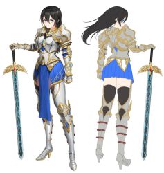 Rule 34 | 1girl, armor, black hair, black thighhighs, blue eyes, blue skirt, boots, character request, copyright request, from behind, full body, gauntlets, greaves, greem bang, hair between eyes, high heel boots, high heels, long hair, looking back, multiple views, pauldrons, pleated skirt, shoulder armor, simple background, skirt, sword, thighhighs, weapon, white background, zettai ryouiki