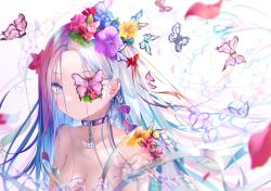 Rule 34 | 1girl, artist name, blue butterfly, blue flower, blue hair, blurry, blush, breasts, bug, butterfly, cleavage, collarbone, commentary, depth of field, earrings, english commentary, flower, flower over eye, gem, grey hair, hair behind ear, hair flower, hair ornament, hair ribbon, highres, insect, jewelry, kayjae, linked piercing, lock, long hair, looking at viewer, mixed-language commentary, multicolored hair, nude, one eye covered, original, padlock, padlocked collar, petals, piercing, pink butterfly, pink flower, pink hair, purple flower, purple hair, red flower, red ribbon, ribbon, solo, straight hair, upper body, water, white background, white hair, yellow flower