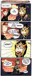 Rule 34 | 1boy, 1girl, 4koma, aged down, all fours, carrying, cloak, colored sclera, comic, english text, highres, hood, horns, midna, nintendo, orange hair, paddle, piggyback, red hair, red pupils, riding, setz, smile, the legend of zelda, the legend of zelda: twilight princess, yellow eyes, yellow sclera, zant