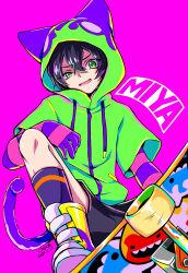 Rule 34 | 1boy, black shorts, character name, choco (moyasi), gloves, green hoodie, hair between eyes, highres, hood, hoodie, male focus, miya (sk8), open mouth, pink background, purple socks, shoes, shorts, simple background, sk8 the infinity, skateboard, sneakers, socks, striped clothes, striped gloves, tail, yellow footwear