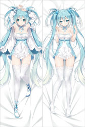 Rule 34 | 1girl, arms up, bakugadou, bare arms, bare shoulders, bed sheet, blue bow, blue eyes, blue footwear, blue hair, blush, bow, breasts, choker, cleavage, closed mouth, collarbone, dakimakura (medium), detached sleeves, dress, eyebrows, full body, gradient hair, hair between eyes, hatsune miku, jewelry, knees together feet apart, large breasts, long hair, long sleeves, looking at viewer, lying, matching hair/eyes, multicolored hair, multiple views, no shoes, on back, shoes, smile, strapless, thighhighs, twintails, two-tone hair, very long hair, vocaloid, white hair, white thighhighs