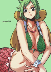 Rule 34 | 1girl, alternate costume, aosora2823, artist name, backpack, bag, bead necklace, beads, black eyes, blush, breasts, camie (one piece), cleavage, closed mouth, commentary, cowboy shot, crossed arms, eyelashes, green background, green hair, highres, jewelry, leaf bikini, looking at viewer, medium breasts, mermaid, monster girl, navel, necklace, one piece, short hair, simple background, smile, solo, stomach, swept bangs, wrist cuffs