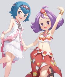 Rule 34 | 2girls, acerola (pokemon), acerola (sygna suit) (pokemon), arm up, armlet, blue eyes, blue hair, bracelet, bright pupils, commentary request, creatures (company), dress, flipped hair, flower, game freak, gazing eye, grey background, hair flower, hair ornament, hairband, highres, holding hands, jewelry, knees, lana (pokemon), lana (sygna suit) (pokemon), leg up, looking at viewer, looking down, medium hair, multiple girls, navel, necklace, nintendo, no sclera, official alternate costume, pink hairband, pokemon, pokemon masters ex, purple hair, red flower, red skirt, sandals, shirt, short hair, simple background, skirt, sleeveless, sleeveless shirt, sweatdrop, topknot, white dress, white pupils, white shirt
