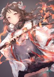 Rule 34 | 1girl, animal ears, arknights, artist name, blush, brown eyes, brown hair, commentary request, cowboy shot, dated, dress, eyjafjalla (arknights), grey background, grey dress, grey thighhighs, highres, holding, horns, long hair, long sleeves, looking at viewer, sakusyo, sheep ears, sheep horns, short dress, signature, solo, standing, thighhighs, zettai ryouiki