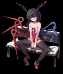 Rule 34 | 1girl, absurdres, alternate costume, antlers, asymmetrical wings, bench, black background, black hair, black thighhighs, blue wings, blush, bow, breasts, breasts squeezed together, cleavage, commentary request, dress, footwear bow, full body, fur-trimmed dress, fur trim, hair between eyes, highres, horns, houjuu nue, long hair, looking at viewer, open mouth, pom pom (clothes), red bow, red dress, red eyes, red footwear, red wings, ropeperson, santa dress, shoe dangle, short dress, simple background, sitting, small breasts, smile, snow, solo, thighhighs, tomoe (symbol), tongue, tongue out, touhou, wings