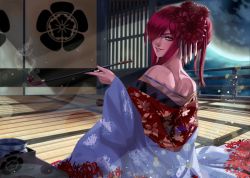 Rule 34 | 1girl, alternate costume, alternate hairstyle, architecture, bare shoulders, blue shawl, doorway, east asian architecture, fate/grand order, fate (series), floral print, flower, full moon, hair bun, hair flower, hair ornament, hair over one eye, hair up, holding, holding smoking pipe, japanese clothes, kimono, kiseru, kouichi09, looking at viewer, looking back, moon, night, night sky, oda nobunaga (fate), oda nobunaga (maou avenger) (fate), oda uri, off shoulder, print kimono, red eyes, red hair, red kimono, red lips, shawl, single hair bun, sitting, sky, smile, smoking, smoking pipe, solo, spider lily, spider lily print