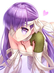 Rule 34 | 1girl, all fours, bandages, bandage over one eye, bow, breasts, cleavage, closed mouth, fate/grand order, fate (series), hair bow, heart, highres, kingprotea (fate), long hair, looking at viewer, medium breasts, moss, purple eyes, purple hair, simple background, smile, solo, tomo (tmtm mf mf), white background, white bow