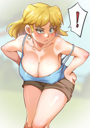Rule 34 | !, 1girl, alternate breast size, armpits, bare arms, bare shoulders, blonde hair, blue eyes, blue shirt, blurry, blurry background, blush, breasts, brown shorts, cargo shorts, cleavage, collarbone, covered erect nipples, cowboy shot, day, earrings, eyeshadow, facing viewer, female focus, hands on own hips, jcm2, jewelry, large breasts, leaning forward, looking at viewer, lori loud, makeup, medium hair, no bra, outdoors, raised eyebrow, shiny skin, shirt, short shorts, shorts, solo, spoken exclamation mark, spoken exclamation mark, standing, strap slip, tank top, the loud house, thighs, toon (style), uneven eyes