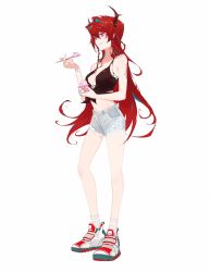 Rule 34 | 1girl, arknights, bare arms, bare legs, bare shoulders, black shirt, blue shorts, chinese commentary, commentary request, dress, food, full body, hair between eyes, holding, holding food, holding spoon, horns, ice cream, long hair, looking away, no bra, off shoulder, purple eyes, red hair, shidai, shirt, short dress, shorts, simple background, smile, solo, spoon, standing, surtr (arknights), tank top, thighhighs, very long hair, white background, white footwear