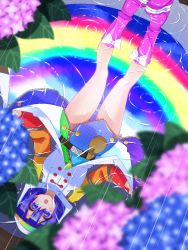 Rule 34 | 1girl, :o, blue eyes, blue hair, boots, flower, groin, hairband, highres, hydrangea, muchin jousha, multicolored clothes, multicolored hairband, no panties, open mouth, patchwork clothes, pouch, puddle, purple footwear, rain, rainbow, rainbow gradient, raincoat, reflecting pool, reflection, ripples, short hair, sky print, solo, tenkyuu chimata, touhou, water, zipper
