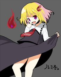 Rule 34 | 1girl, blonde hair, character name, clothes lift, embodiment of scarlet devil, fang, female focus, finger to mouth, hair ribbon, itou life, necktie, purple eyes, red eyes, red necktie, ribbon, rumia, short hair, skirt, skirt lift, solo, touhou