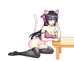 Rule 34 | 1girl, animal ears, arm rest, bare arms, bare shoulders, black hair, black thighhighs, breast hold, breasts, camisole, cat ears, cat girl, cat tail, cleavage, female focus, food, hair between eyes, hair ribbon, highres, kuso otoko, large breasts, long hair, looking at viewer, mouth hold, navel, no panties, noihara himari, omamori himari, pocky, ponytail, purple eyes, ribbon, simple background, solo, stomach, strap slip, table, tail, tank top, thighhighs, very long hair, white background