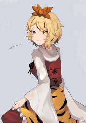 Rule 34 | 1girl, blonde hair, fangs, fangs out, grey background, highres, light blush, looking at viewer, looking back, majime joe, motion lines, multicolored hair, simple background, solo, streaked hair, tearing up, touhou, wavy mouth, wide sleeves, yellow eyes