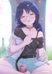 Rule 34 | 1girl, :p, backlighting, bare shoulders, belt, belt buckle, black belt, black nails, black shirt, blue eyes, blue hair, blue shorts, blush, bottle, buckle, can, closed mouth, collarbone, collared shirt, commentary request, glasses, grass, hand up, head tilt, idolmaster, idolmaster shiny colors, long hair, looking at viewer, low twintails, mitsumine yuika, nail polish, off shoulder, open clothes, open shirt, petals, round eyewear, shirt, short shorts, short sleeves, shorts, smile, solo, striped clothes, striped shirt, tomamatto, tongue, tongue out, tree, twintails, vertical-striped clothes, vertical-striped shirt