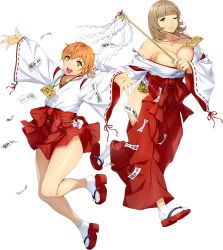 Rule 34 | 2girls, blunt bangs, breasts, brown eyes, brown hair, cleavage, full body, gohei, hakama, hakama skirt, holding, japanese clothes, katrina company, charm (object), large breasts, long sleeves, miko, multiple girls, no panties, off shoulder, official art, ofuda, one eye closed, open mouth, orange hair, outstretched arms, parted lips, red hakama, ribbon-trimmed sleeves, ribbon trim, sandals, shoe dangle, short hair, skirt, spread arms, super robot wars, super robot wars x-omega, tabi, teeth, transparent background, upper teeth only, watanabe wataru (character designer), wide sleeves