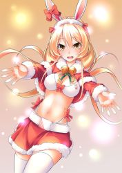 Rule 34 | 1girl, absurdres, animal ears, azur lane, bad id, bad pixiv id, benson (azur lane), blonde hair, bow, bra, breasts, capelet, christmas, cleavage, ear bow, fur-trimmed hairband, fur trim, highres, long sleeves, midriff, navel, outstretched arms, rabbit ears, santa costume, snow, solo, thighhighs, trend kill, underwear, white bra, white thighhighs, yellow eyes, zettai ryouiki