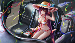 Rule 34 | 1girl, ?, bell, bikini, blue bow, blue ribbon, bow, bracelet, butterfly ornament, chair, confetti, english text, flower, frilled bikini, frilled hat, frills, hair between eyes, halterneck, hand on headwear, hat, hat bow, hat flower, hat ribbon, heart, jewelry, kasumi (shironeko project), long hair, marble (toy), motion blur, on chair, original, purple hair, red bow, red eyes, red ribbon, revision, ribbon, road, shironeko project, signature, sitting, solo, stomach, street, striped bikini, striped clothes, swimsuit, tassel, vehicle interior, very long hair, wangchuan de quanyan, white bikini, yellow bow