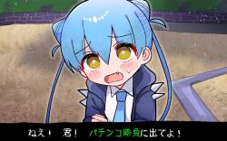 Rule 34 | 1girl, blue hair, blue hoodie, blue necktie, blush stickers, brick wall, bright pupils, collared shirt, commentary request, cone hair bun, day, death merumeru, double bun, fang, frown, furrowed brow, hair bun, head tilt, hood, hood down, hoodie, long hair, looking at viewer, necktie, open clothes, open hoodie, open mouth, outdoors, shinigami dot com, shirt, shoulder spikes, solo, spikes, subtitled, sweatdrop, translation request, twintails, upper body, white pupils, white shirt, yasashii naizou, yellow eyes