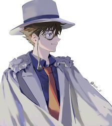 Rule 34 | 1boy, blue eyes, blue shirt, brown hair, cape, collared shirt, commentary request, formal, glasses, hat, highres, jacket, kaitou kid, looking to the side, male focus, meitantei conan, monocle, necktie, null (skev7724), shirt, short hair, simple background, smile, solo, top hat, twitter username, upper body, white background, white cape, white jacket