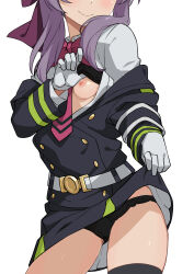 Rule 34 | 1girl, belt, black bra, black jacket, black panties, blush, bow, bra, bra lift, clothes lift, gloves, hair bow, head out of frame, highres, hiiragi shinoa, jacket, lifting own clothes, morisobo, necktie, nipples, one breast out, owari no seraph, panties, pink necktie, purple bow, purple hair, shirt, simple background, skirt, skirt lift, smile, solo, underwear, undressing, white background, white belt, white gloves, white shirt