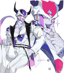 Rule 34 | 1boy, absurdres, akame (chokydaum), alternate form, belt, black lips, black nails, chin piercing, coat, collarbone, colored tongue, dragon ball, fingernails, frieza, grin, hand in pocket, highres, horns, jewelry, lip piercing, long sleeves, looking at viewer, male focus, multiple belts, muscular, muscular male, one eye closed, open clothes, open coat, pale skin, piercing, purple tongue, red eyes, ring, sharp fingernails, signature, simple background, smile, solo, tail, teeth, tongue, tongue out, tongue piercing, torn clothes, torn coat