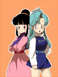 Rule 34 | 2girls, :d, arm at side, back-to-back, bare legs, black eyes, black hair, blue dress, blue eyes, blue hair, blush, bulma, chi-chi (dragon ball), chinese clothes, clothes writing, crossed arms, dragon ball, dragonball z, dress, happy, horizontal-striped background, long hair, long sleeves, looking at another, looking back, multiple girls, open mouth, orange background, shaded face, smile, standing, thighs, turtleneck, two-tone background, upper body, yukimitsuki