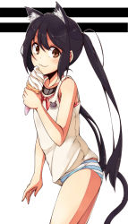 Rule 34 | 1girl, :3, animal ears, bad id, bad pixiv id, black hair, blush, brown eyes, cat ears, cat tail, collarbone, food, holding, ice cream, ice cream cone, k-on!, long hair, looking at viewer, nakano azusa, no pants, panties, solo, soto miyako, striped clothes, striped panties, tail, tank top, twintails, underwear