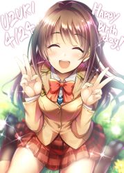 Rule 34 | 1girl, :d, blazer, blush, bow, bowtie, brown hair, character name, commentary, dated, double v, closed eyes, grass, half updo, happy birthday, idolmaster, idolmaster cinderella girls, jacket, kneehighs, long hair, ment, no shoes, open mouth, plaid, plaid skirt, shimamura uzuki, sitting, skirt, smile, socks, solo, sparkle, v, wariza